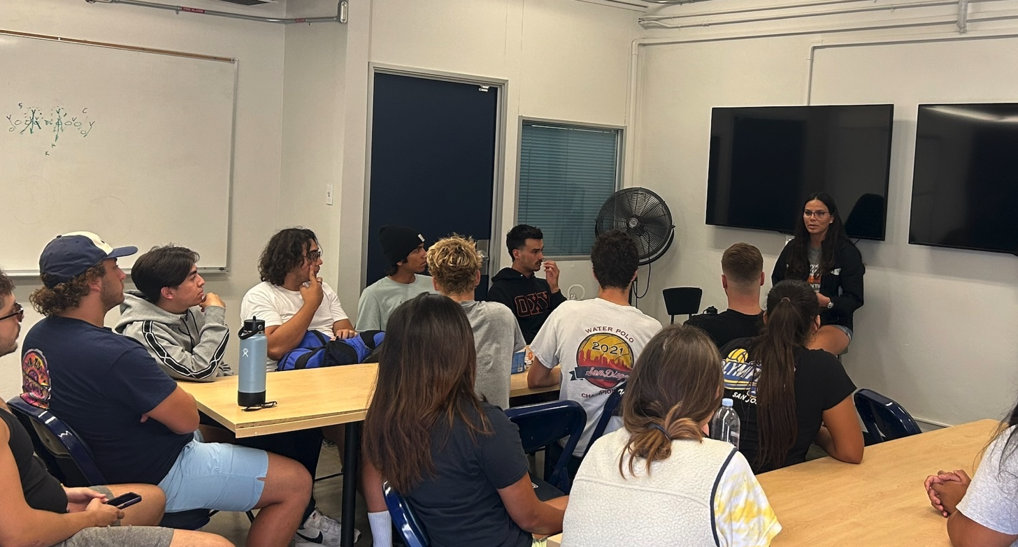 Former Mesa student-athlete Savanah Phillips, now Princeton assistant water polo coach, visits students for the upcoming season.